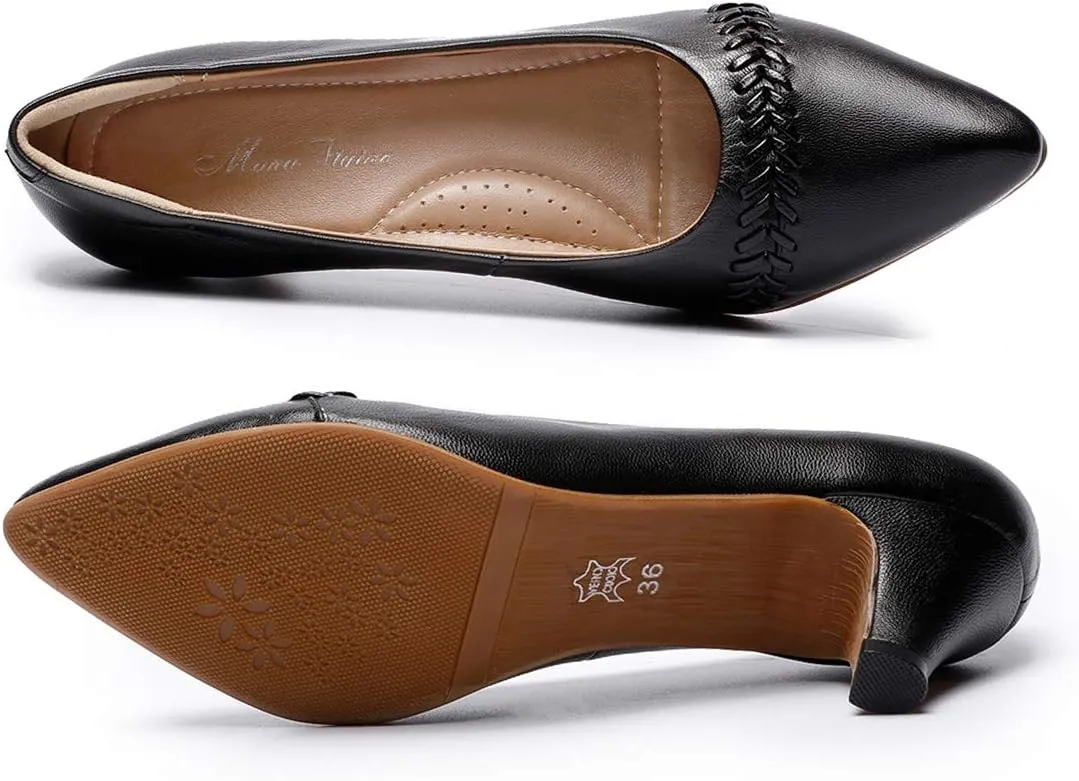 Mona flying Women's Leather Pump Med Heel Pointed Toe Office Dress Shoes for Ladies