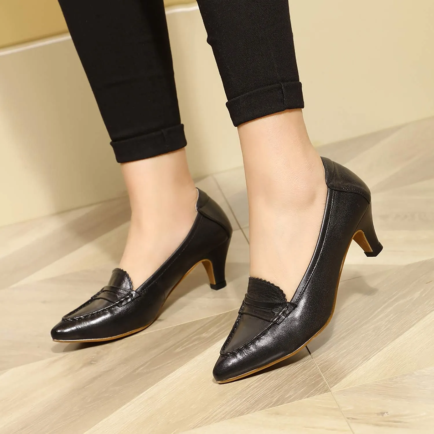 Mona flying Women's Leather Pump Med Heel Pointed Toe Office Dress Shoes for Ladies