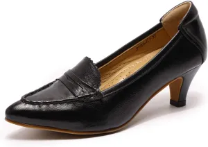 Mona flying Women's Leather Pump Med Heel Pointed Toe Office Dress Shoes for Ladies
