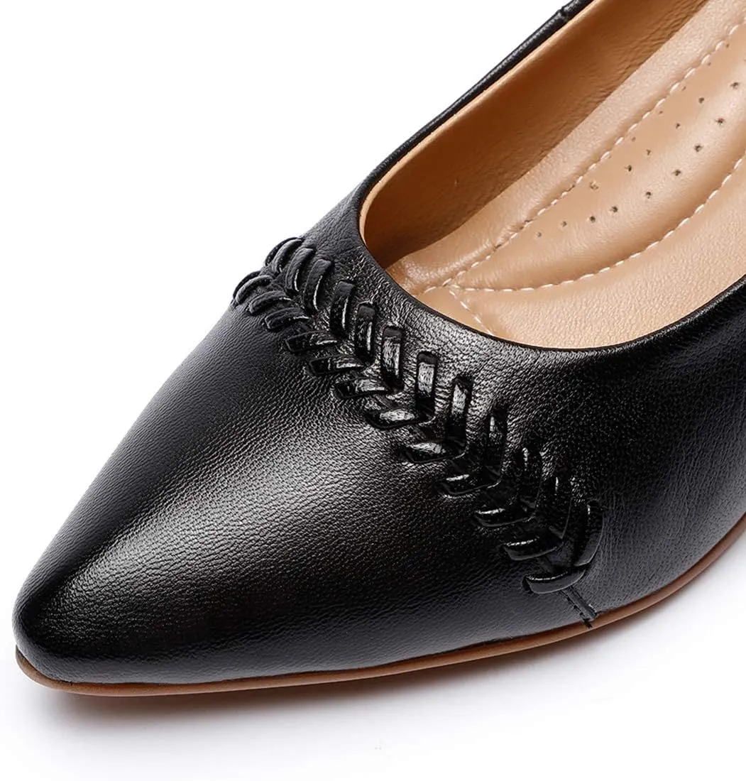 Mona flying Women's Leather Pump Med Heel Pointed Toe Office Dress Shoes for Ladies