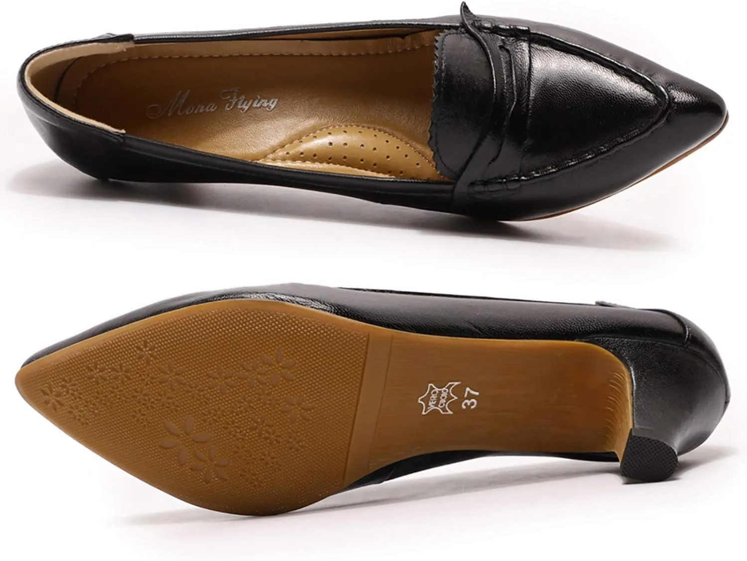Mona flying Women's Leather Pump Med Heel Pointed Toe Office Dress Shoes for Ladies