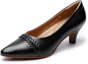Mona flying Women's Leather Pump Med Heel Pointed Toe Office Dress Shoes for Ladies