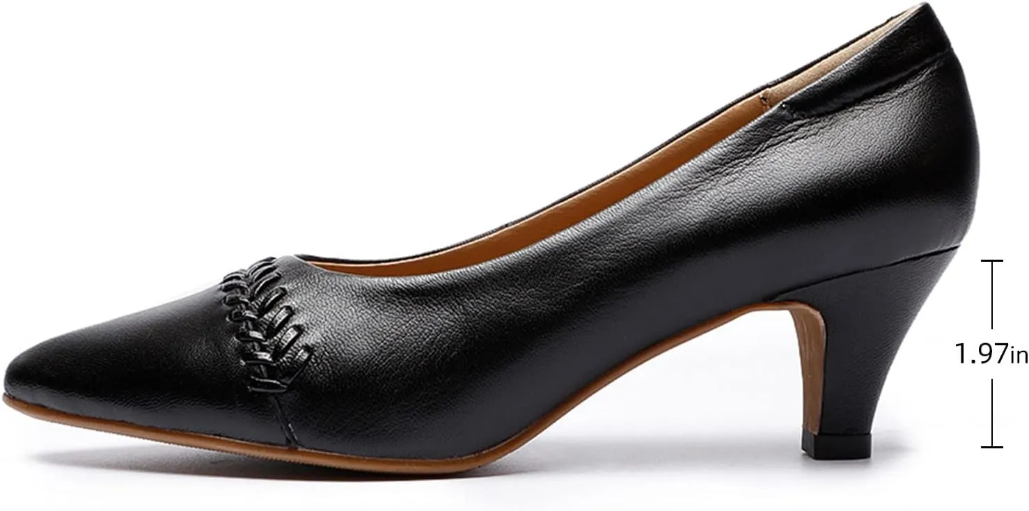 Mona flying Women's Leather Pump Med Heel Pointed Toe Office Dress Shoes for Ladies