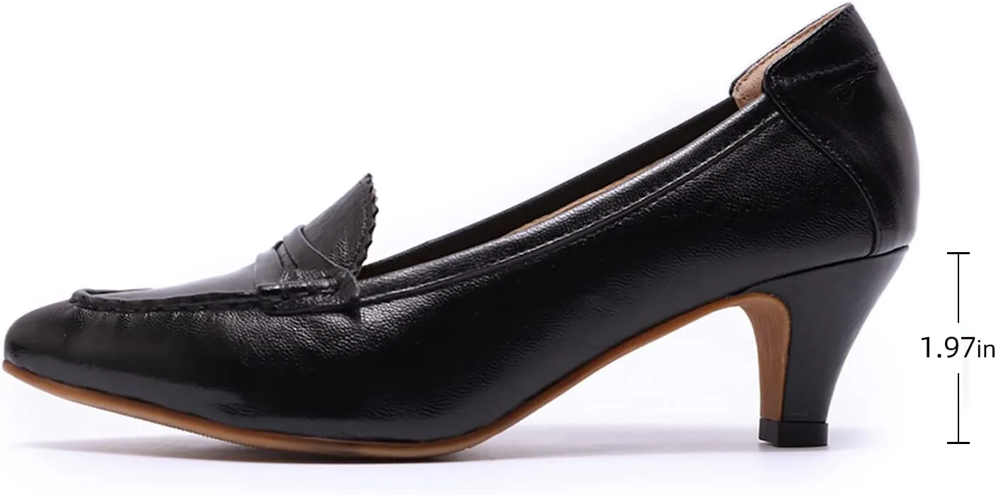 Mona flying Women's Leather Pump Med Heel Pointed Toe Office Dress Shoes for Ladies