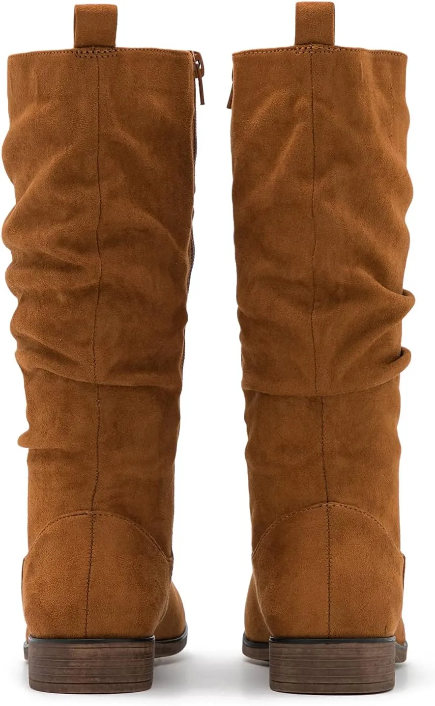 MOOMMO Women Mid Calf Slouch Boots Suede Calf High Boots Flats Flat Heel Long Boots Wide Calf Side Zipper Winter Boots Round Toe Flat Boots Retro Cute Casual Comfy Winter 4-13 M US