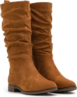 MOOMMO Women Mid Calf Slouch Boots Suede Calf High Boots Flats Flat Heel Long Boots Wide Calf Side Zipper Winter Boots Round Toe Flat Boots Retro Cute Casual Comfy Winter 4-13 M US