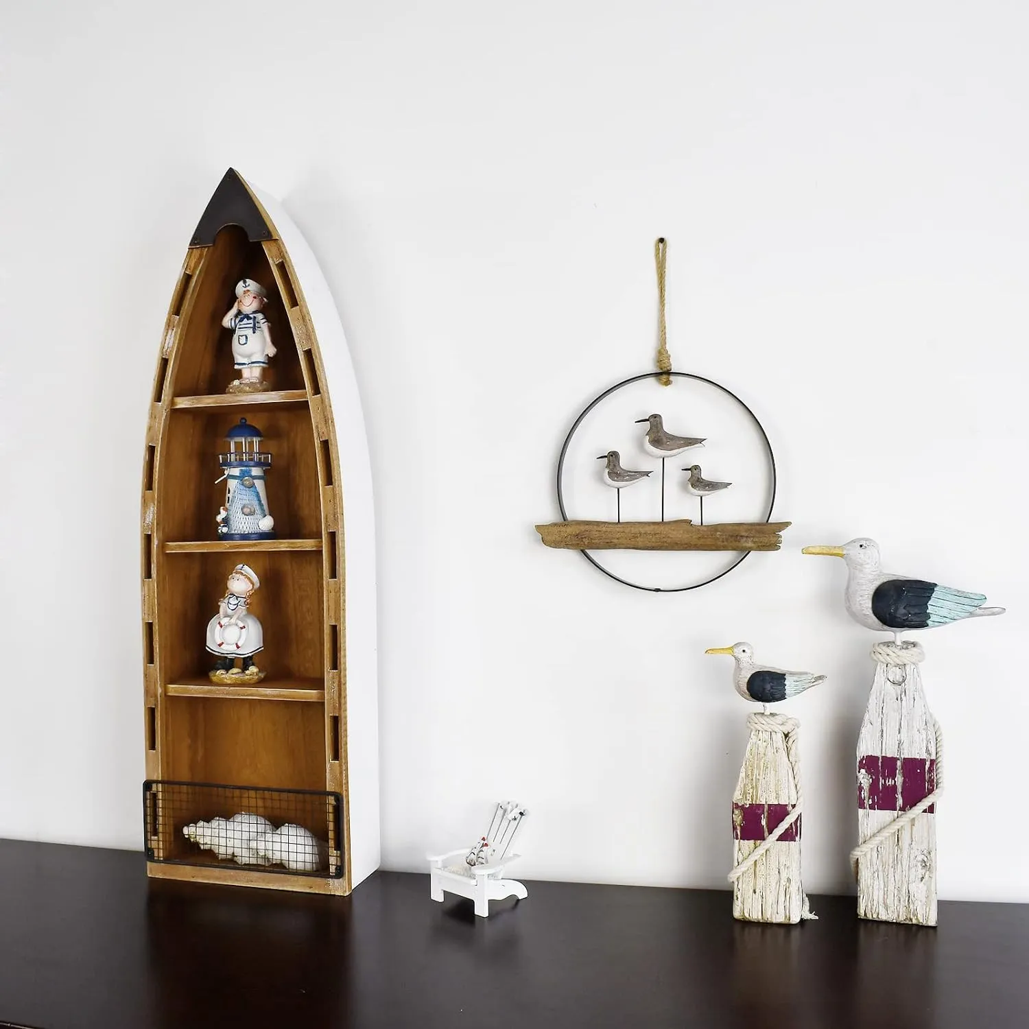 Morning View Wood Boat Shelf Decor Wall Hanging Nautical Beach Theme Display Boat with 3 Shelves Standing Boat Shelf Wooden Boat Shelf Nautical Home Decor 31.5 Inch