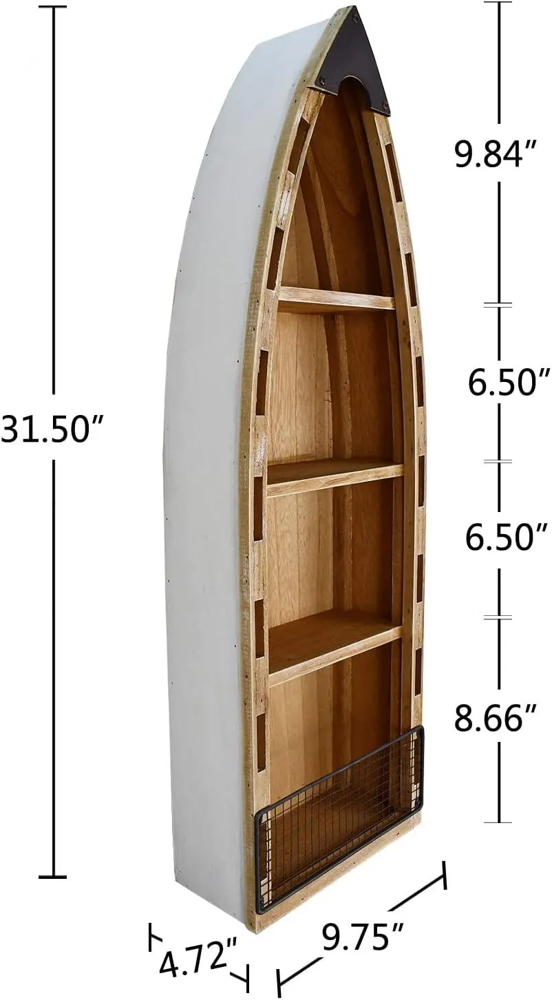 Morning View Wood Boat Shelf Decor Wall Hanging Nautical Beach Theme Display Boat with 3 Shelves Standing Boat Shelf Wooden Boat Shelf Nautical Home Decor 31.5 Inch