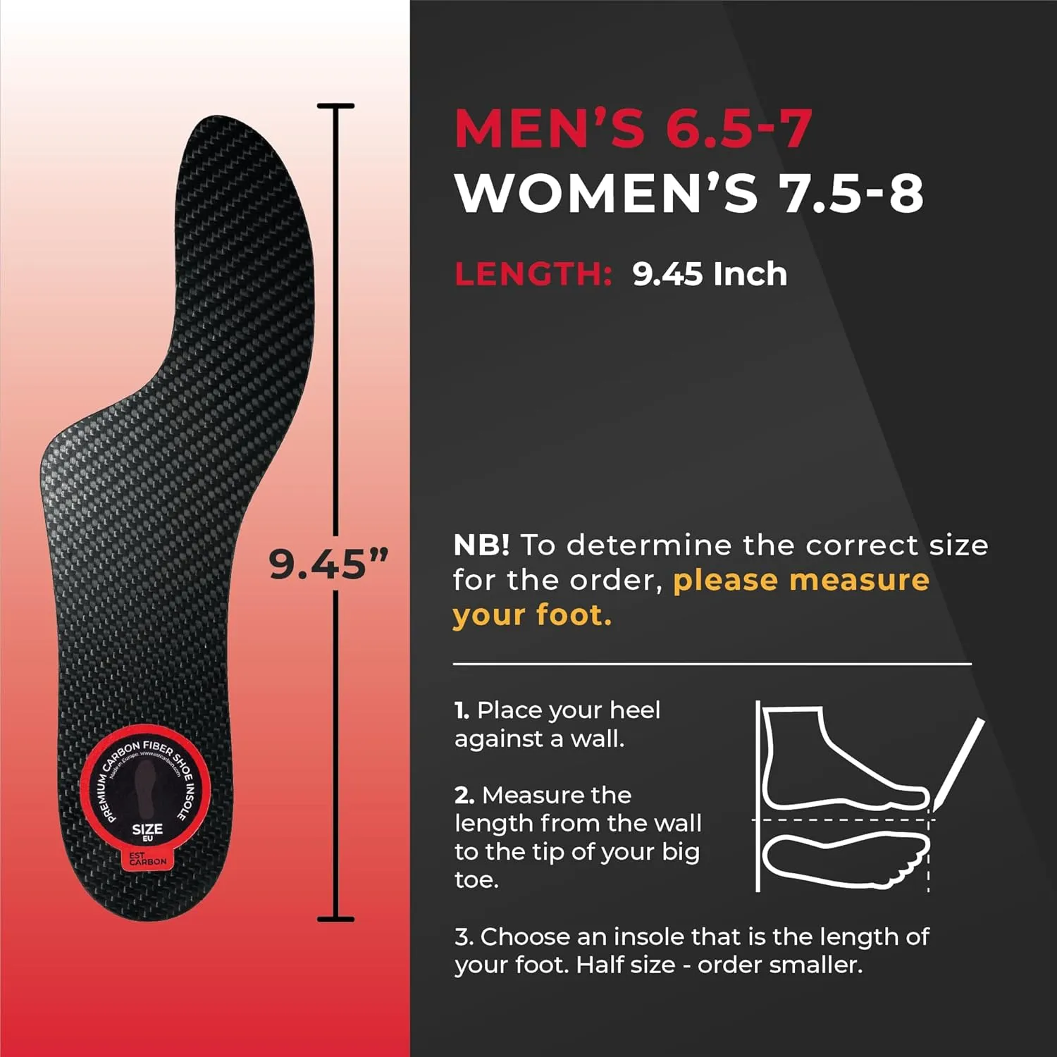 Mortons Extension Carbon Fiber Insole 1PC, FSA Eligible US Medical Device, Big Toe Foot Pain, Hallux Rigidus, Turf Toe, Mortons Extension Orthotic Shoe Insert, Carbon Fiber Foot Plate W7.5-8, M6.5-7