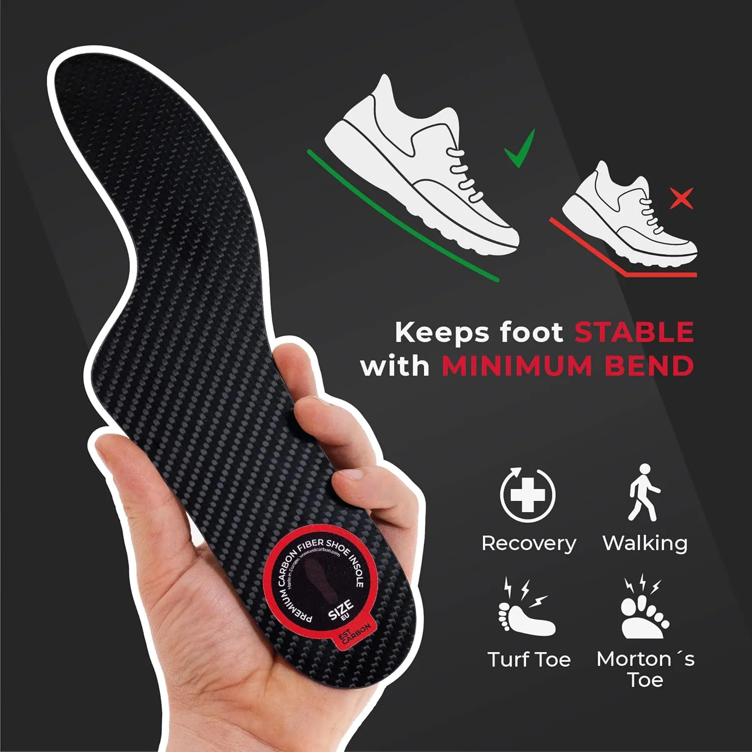 Mortons Extension Carbon Fiber Insole 1PC, FSA Eligible US Medical Device, Big Toe Foot Pain, Hallux Rigidus, Turf Toe, Mortons Extension Orthotic Shoe Insert, Carbon Fiber Foot Plate W7.5-8, M6.5-7
