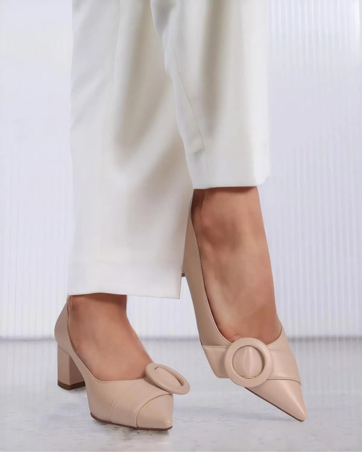 MUCCCUTE Chunky Heels for Women Closed Pointed Toe Pump 2'' Low Block Heels Fashion Round Buckle Dress Work Pumps