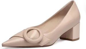 MUCCCUTE Chunky Heels for Women Closed Pointed Toe Pump 2'' Low Block Heels Fashion Round Buckle Dress Work Pumps