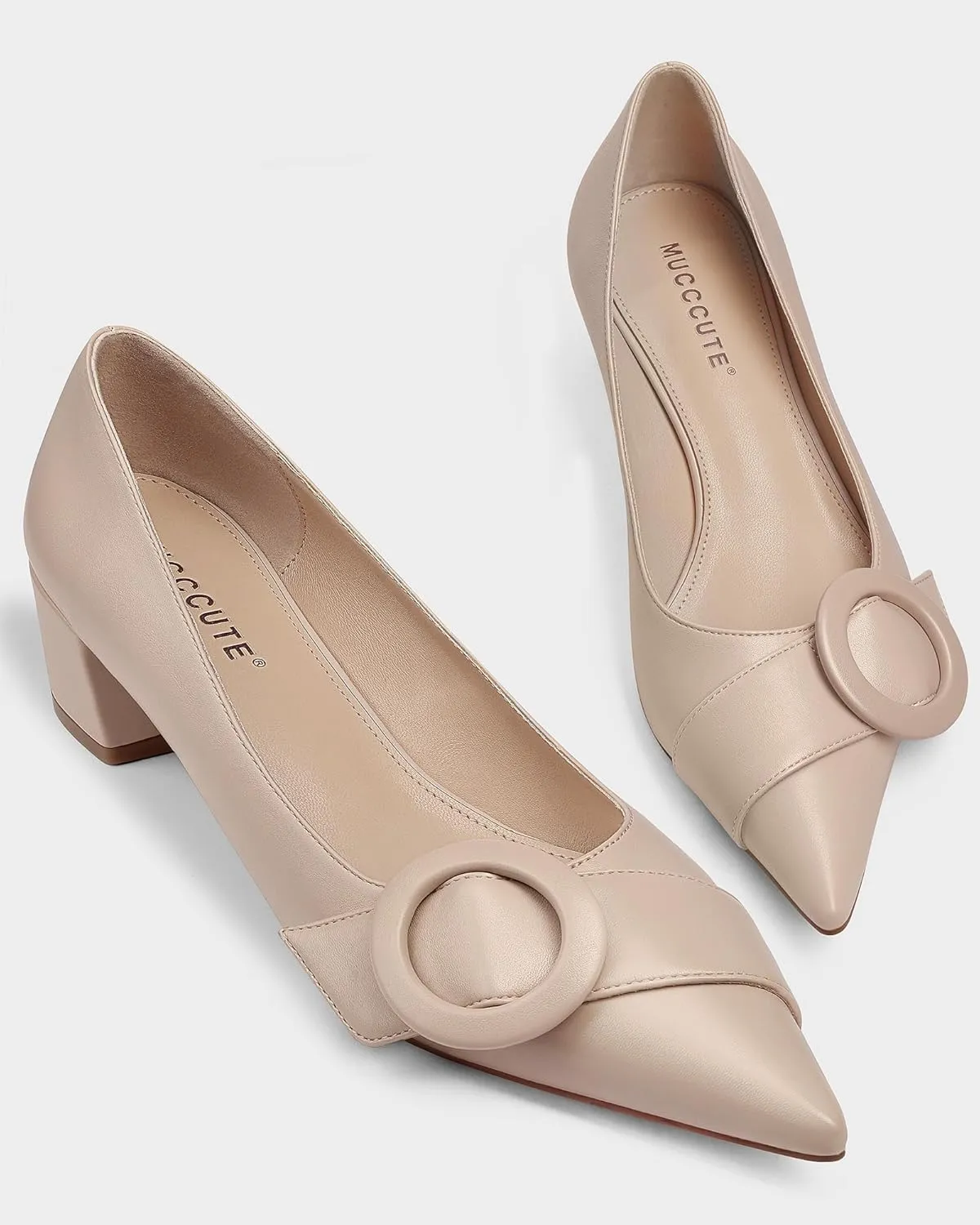 MUCCCUTE Chunky Heels for Women Closed Pointed Toe Pump 2'' Low Block Heels Fashion Round Buckle Dress Work Pumps