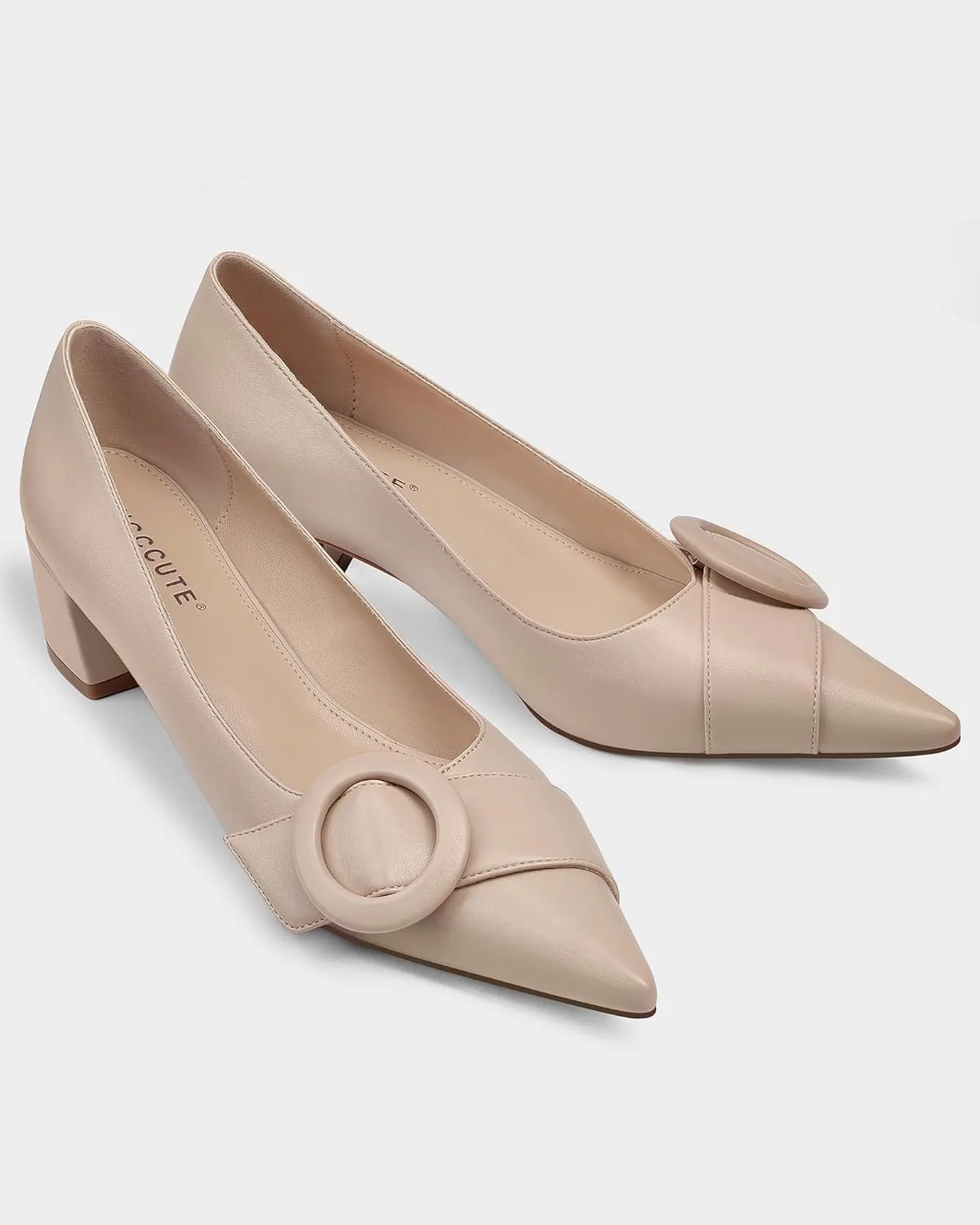 MUCCCUTE Chunky Heels for Women Closed Pointed Toe Pump 2'' Low Block Heels Fashion Round Buckle Dress Work Pumps