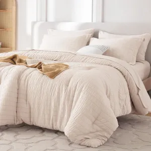 MUXHOMO 7 Pieces King Comforter Set, Seersucker Bed in a Bag King Size, All Season Luxury Bedding Set with Comforter, Flat Sheet, Fitted Sheet, Pillowcases & Shams, Beige