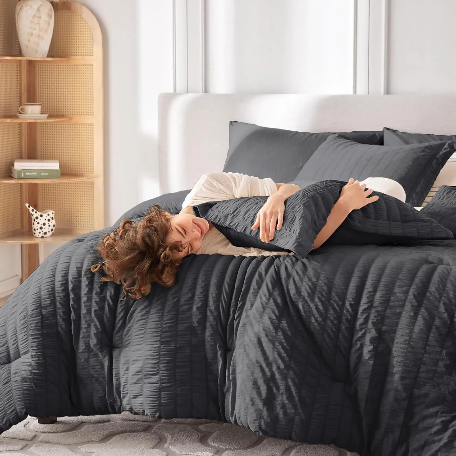 MUXHOMO 7 Pieces Queen Comforter Set, Seersucker Bed in a Bag Queen Size, All Season Luxury Bedding Set with Comforter, Flat Sheet, Fitted Sheet, Pillowcases & Shams, Dark Grey