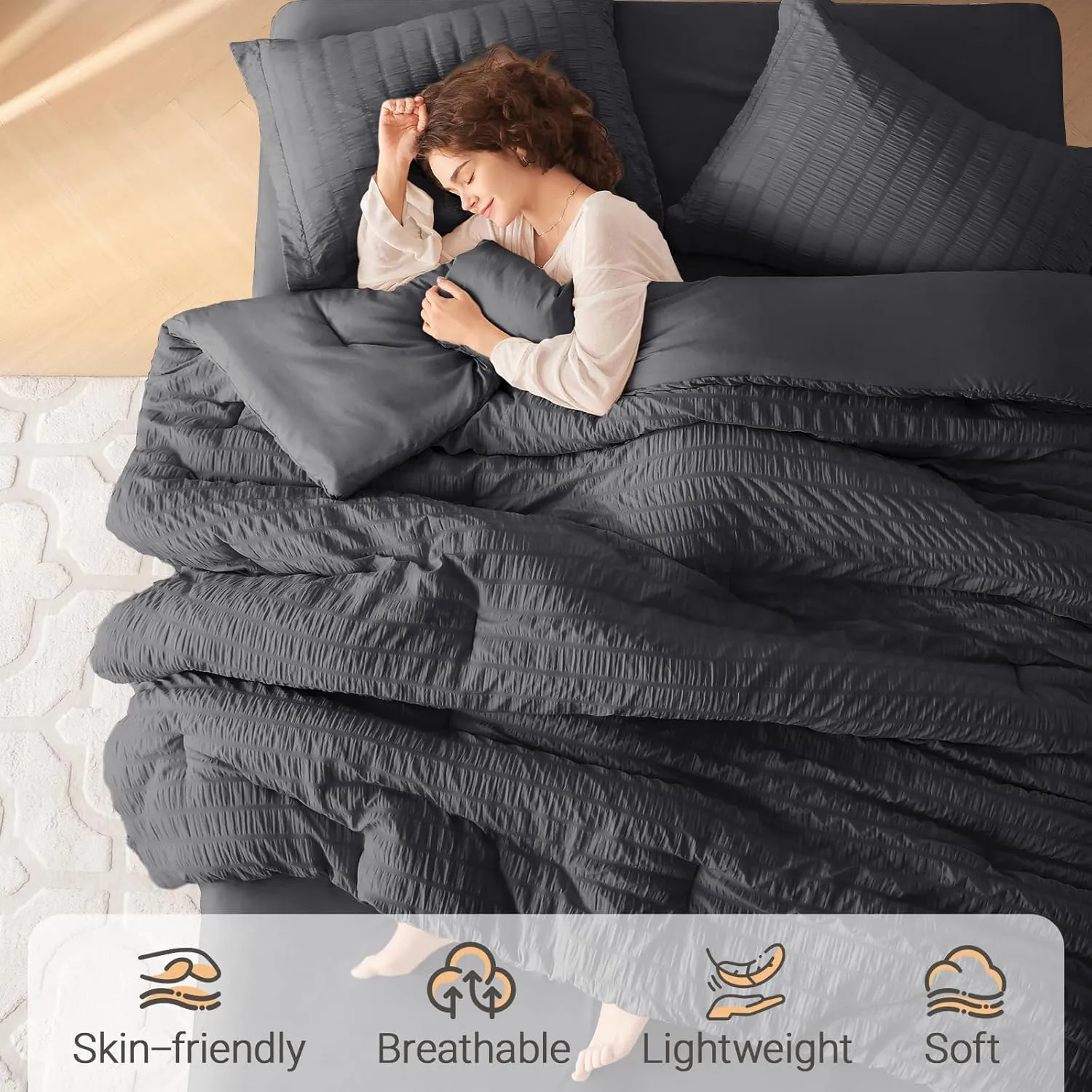 MUXHOMO 7 Pieces Queen Comforter Set, Seersucker Bed in a Bag Queen Size, All Season Luxury Bedding Set with Comforter, Flat Sheet, Fitted Sheet, Pillowcases & Shams, Dark Grey