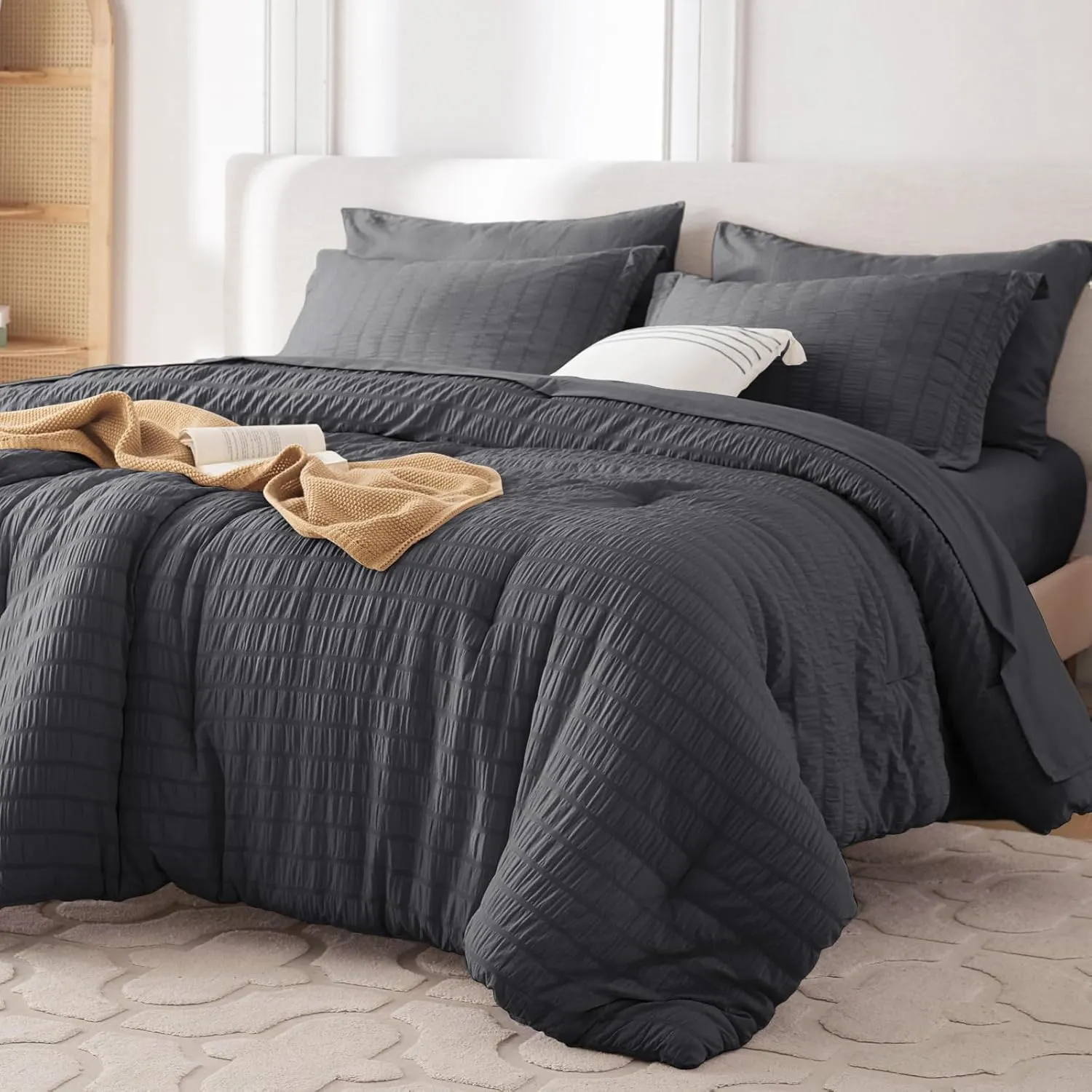 MUXHOMO 7 Pieces Queen Comforter Set, Seersucker Bed in a Bag Queen Size, All Season Luxury Bedding Set with Comforter, Flat Sheet, Fitted Sheet, Pillowcases & Shams, Dark Grey