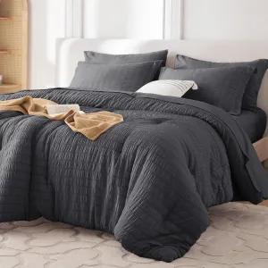MUXHOMO 7 Pieces Queen Comforter Set, Seersucker Bed in a Bag Queen Size, All Season Luxury Bedding Set with Comforter, Flat Sheet, Fitted Sheet, Pillowcases & Shams, Dark Grey