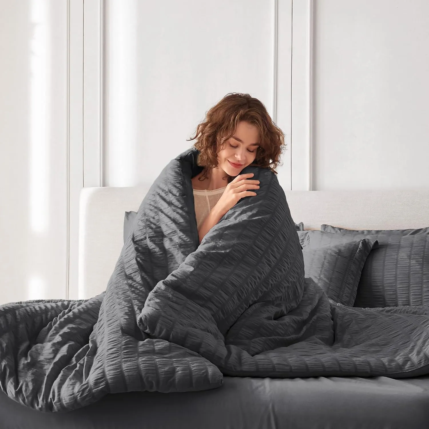 MUXHOMO 7 Pieces Queen Comforter Set, Seersucker Bed in a Bag Queen Size, All Season Luxury Bedding Set with Comforter, Flat Sheet, Fitted Sheet, Pillowcases & Shams, Dark Grey