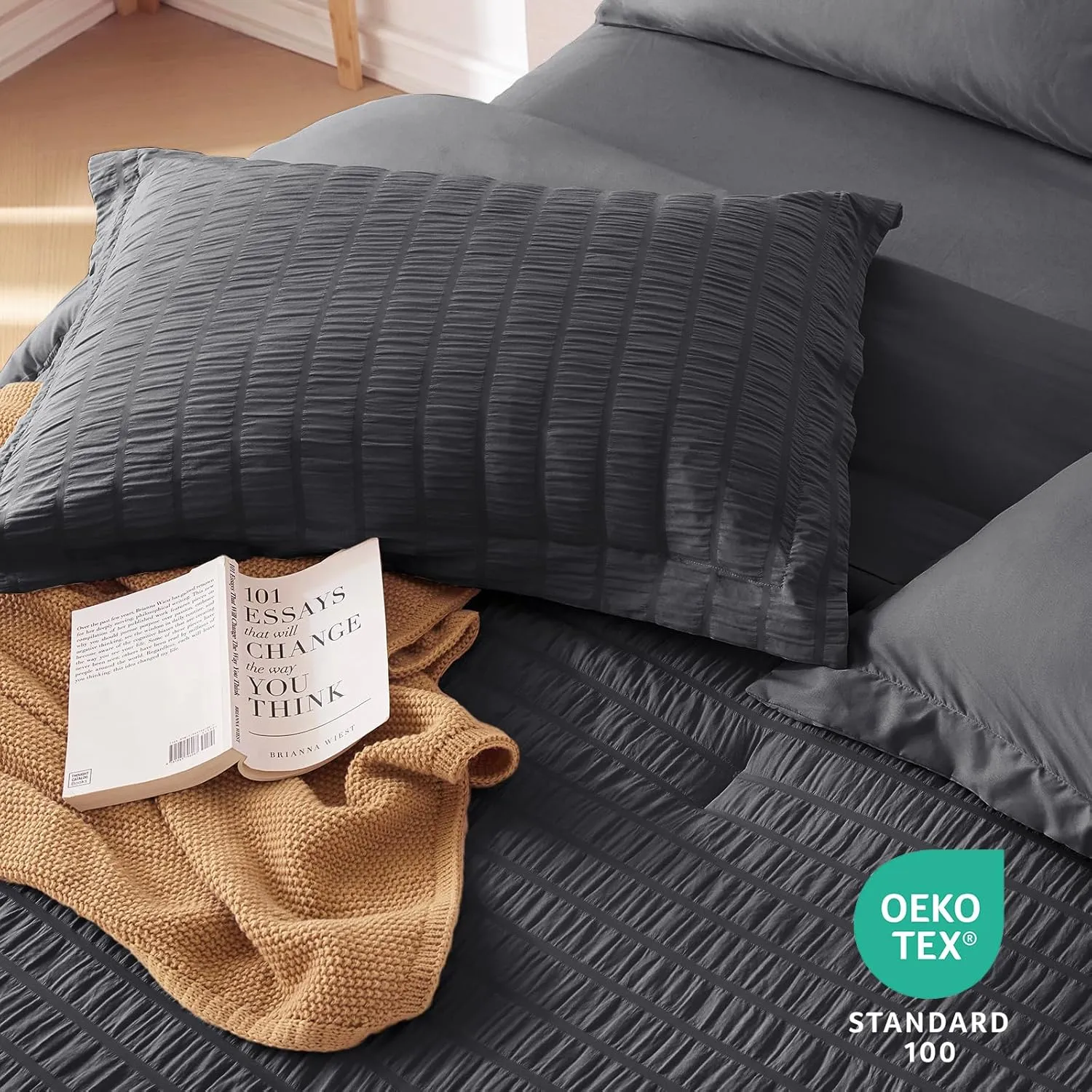 MUXHOMO 7 Pieces Queen Comforter Set, Seersucker Bed in a Bag Queen Size, All Season Luxury Bedding Set with Comforter, Flat Sheet, Fitted Sheet, Pillowcases & Shams, Dark Grey