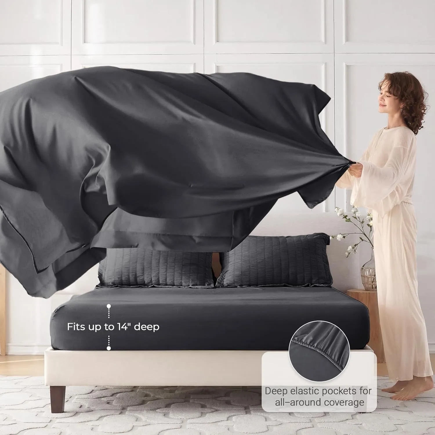 MUXHOMO 7 Pieces Queen Comforter Set, Seersucker Bed in a Bag Queen Size, All Season Luxury Bedding Set with Comforter, Flat Sheet, Fitted Sheet, Pillowcases & Shams, Dark Grey