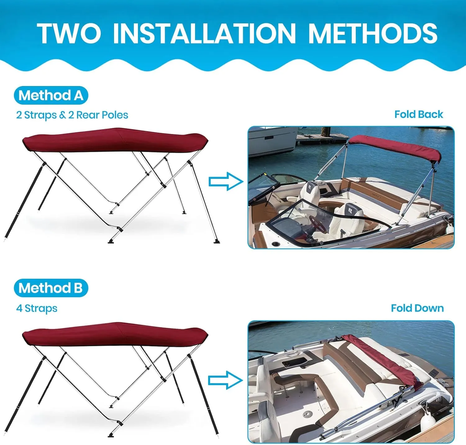 Naviskin 10 Optional Colors Available 3-4 Bow 13 Different Size Bimini Top Cover Includes Mounting Hardwares,Storage Boot with 1 Inch Aluminum Frame