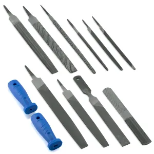NEIKO 00109A Metal File and Rasp Set | 12 Piece, 10, 8, and 6 Inch Extra Slim Flat, Half, Mill, and Round Set | Non Slip PVC Handle, Wood | Heat Treated Carbon Steel Two Way