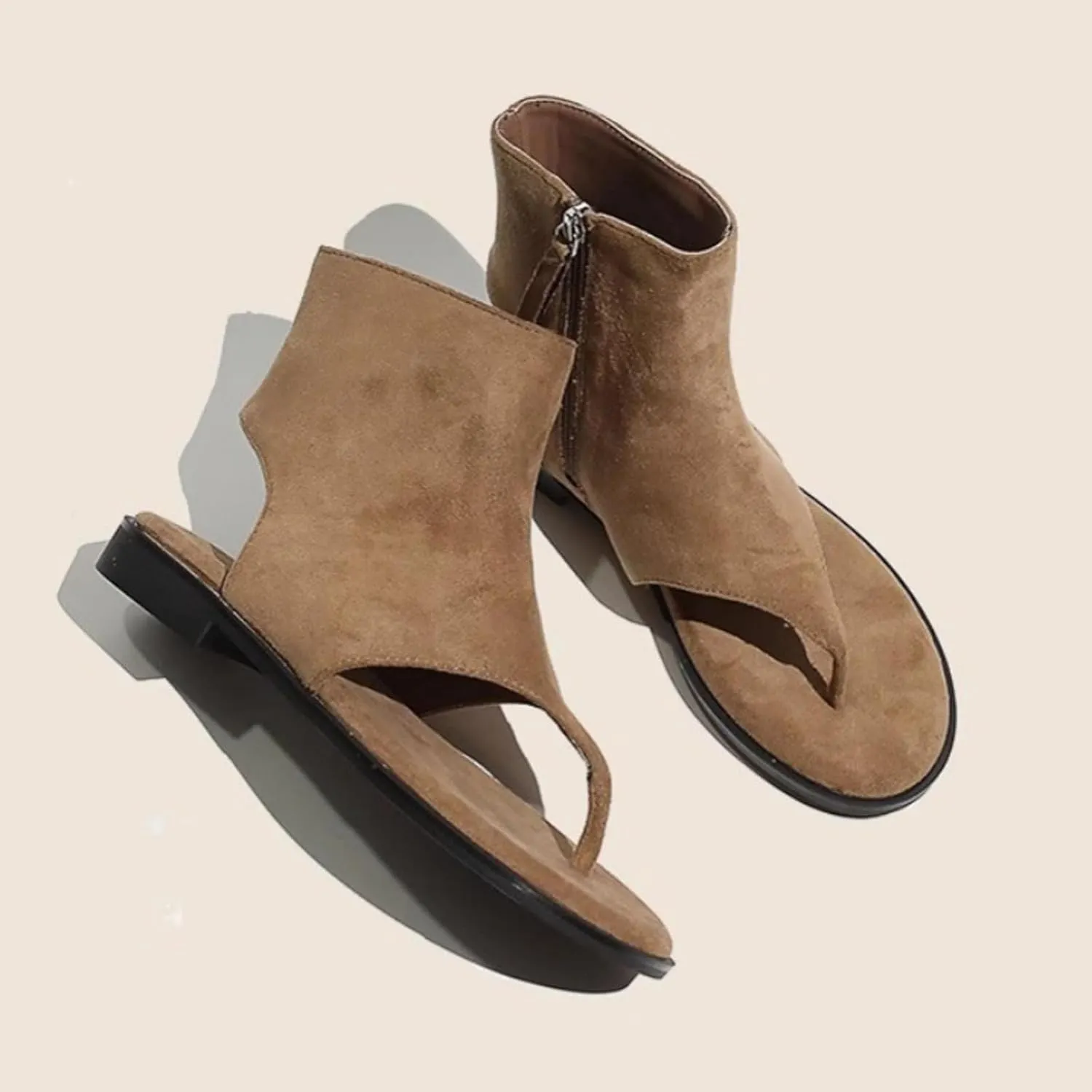 NELSBREXWomen'S Leather High-Top Flip Flops Roman Flat Sandals with Side Zipper Comfort Open Toe T-Strap Slingback Gladiator Boots Sandals