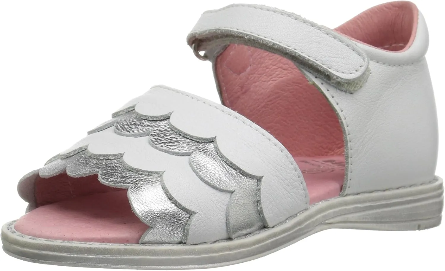 Nens Kid's Hook-and-Loop Scallop Sandal, Silver/White, 23 M EU/6.5 M US Toddler