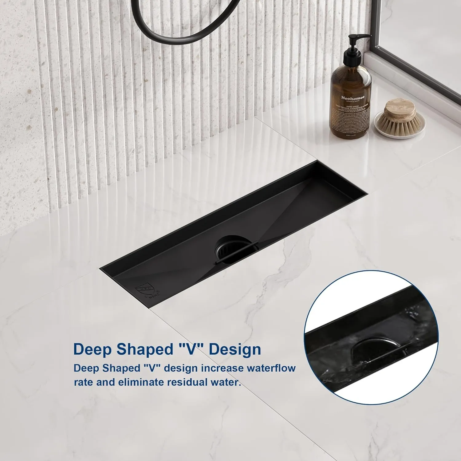 Neodrain 12 in Matte Black Linear Shower Drain- with 2-in-1 Flat & Tile Insert Cover, 304 Stainless Steel Rectangle Shower Floor Drain,Floor Shower Drain