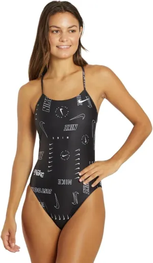Nike Women's HydraStrong Multi Print Cut Out One Piece Swimsuit Black, Size 26