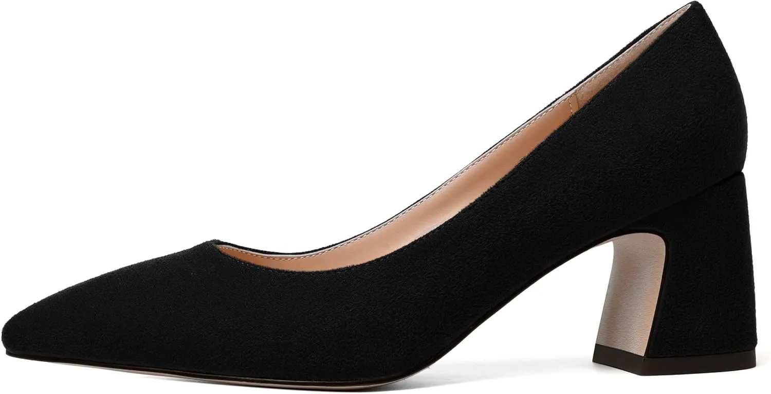 NUMALEO Womens Suede Wedding Solid Slip On Pointed Toe Dress Chunky Mid Heel Pumps Shoes 2.5 Inch