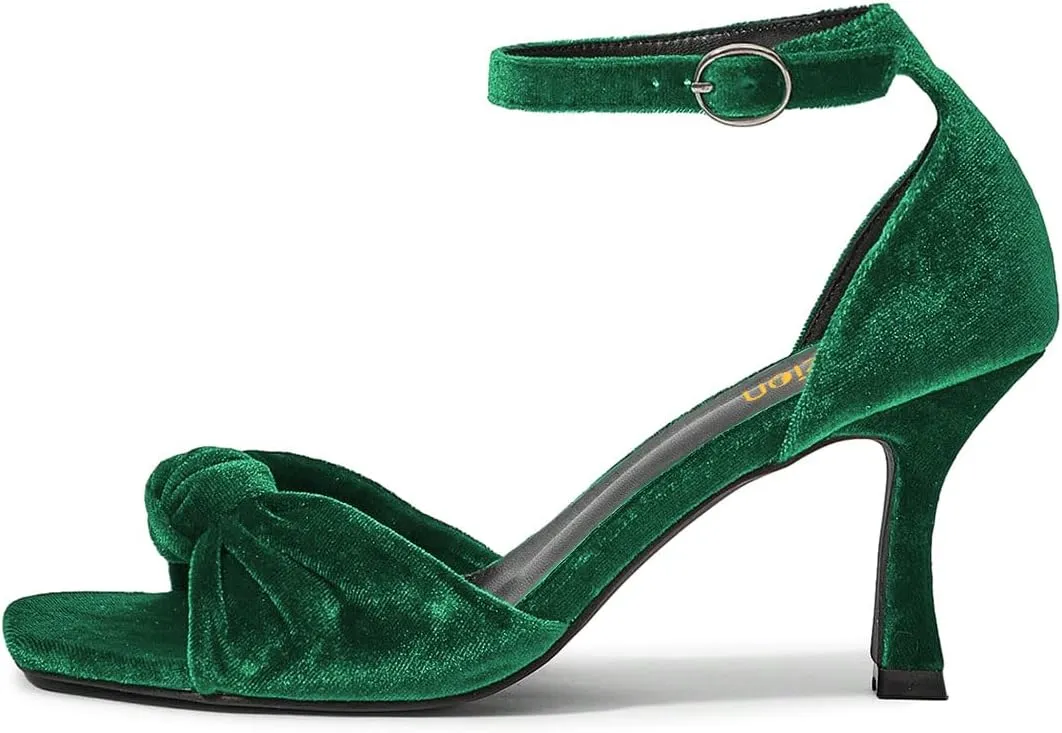 Pazzion Women's Graceful Bows Square Toe Sandals Soft Velvet High Heel Pump Adjustable Ankle Strap Buckled Sexy Prom Dress Shoes Size 4-16 US