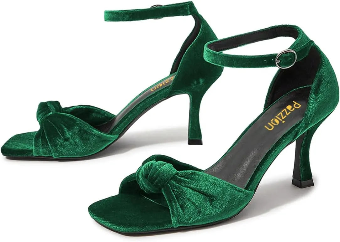 Pazzion Women's Graceful Bows Square Toe Sandals Soft Velvet High Heel Pump Adjustable Ankle Strap Buckled Sexy Prom Dress Shoes Size 4-16 US