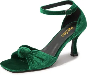 Pazzion Women's Graceful Bows Square Toe Sandals Soft Velvet High Heel Pump Adjustable Ankle Strap Buckled Sexy Prom Dress Shoes Size 4-16 US