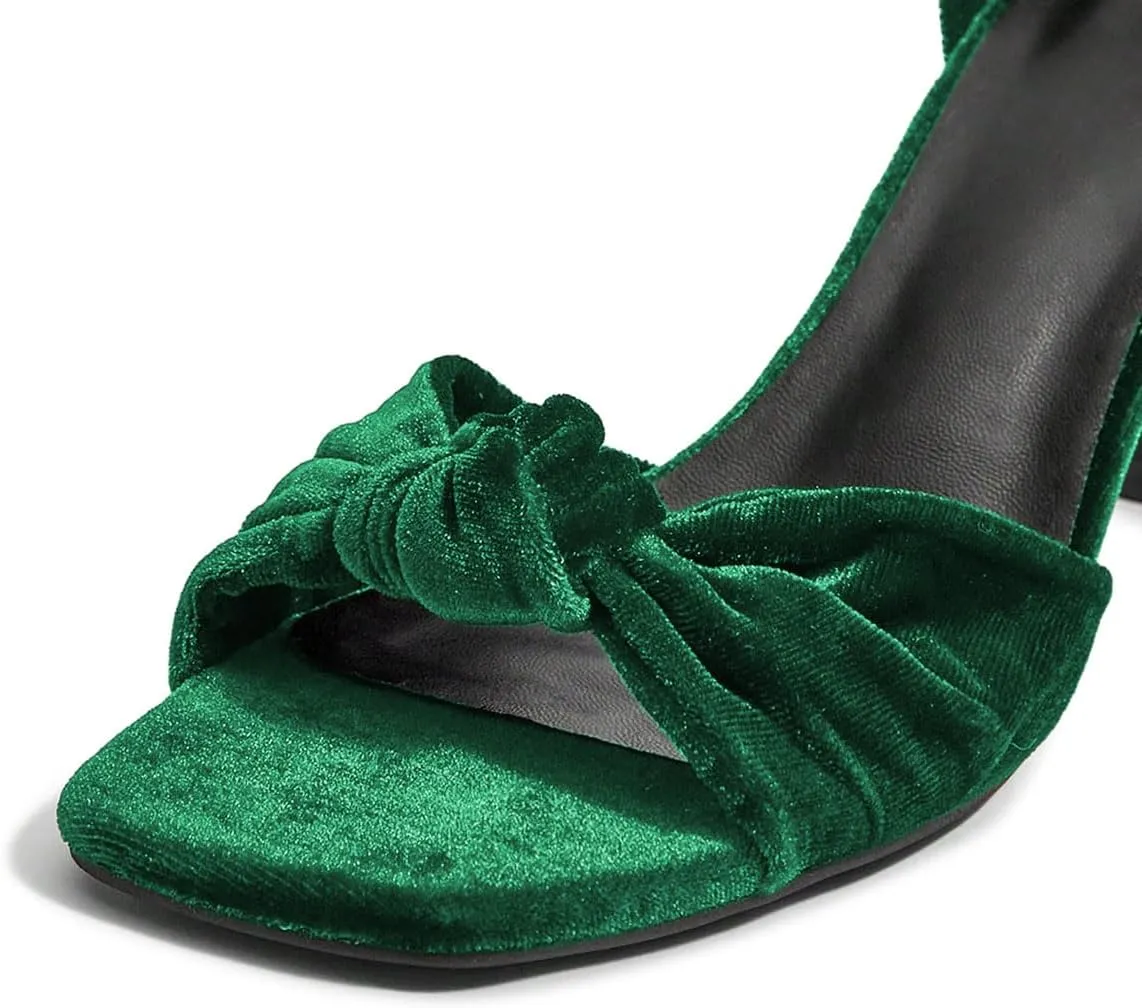 Pazzion Women's Graceful Bows Square Toe Sandals Soft Velvet High Heel Pump Adjustable Ankle Strap Buckled Sexy Prom Dress Shoes Size 4-16 US