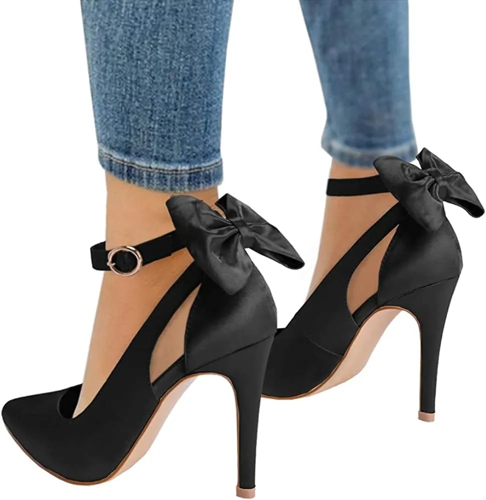 PiePieBuy Women's Pointed Toe High Heels Ankle Strap D'Orsay Pumps Shoes Bow Wedding Bowtie Back Dress Sandals