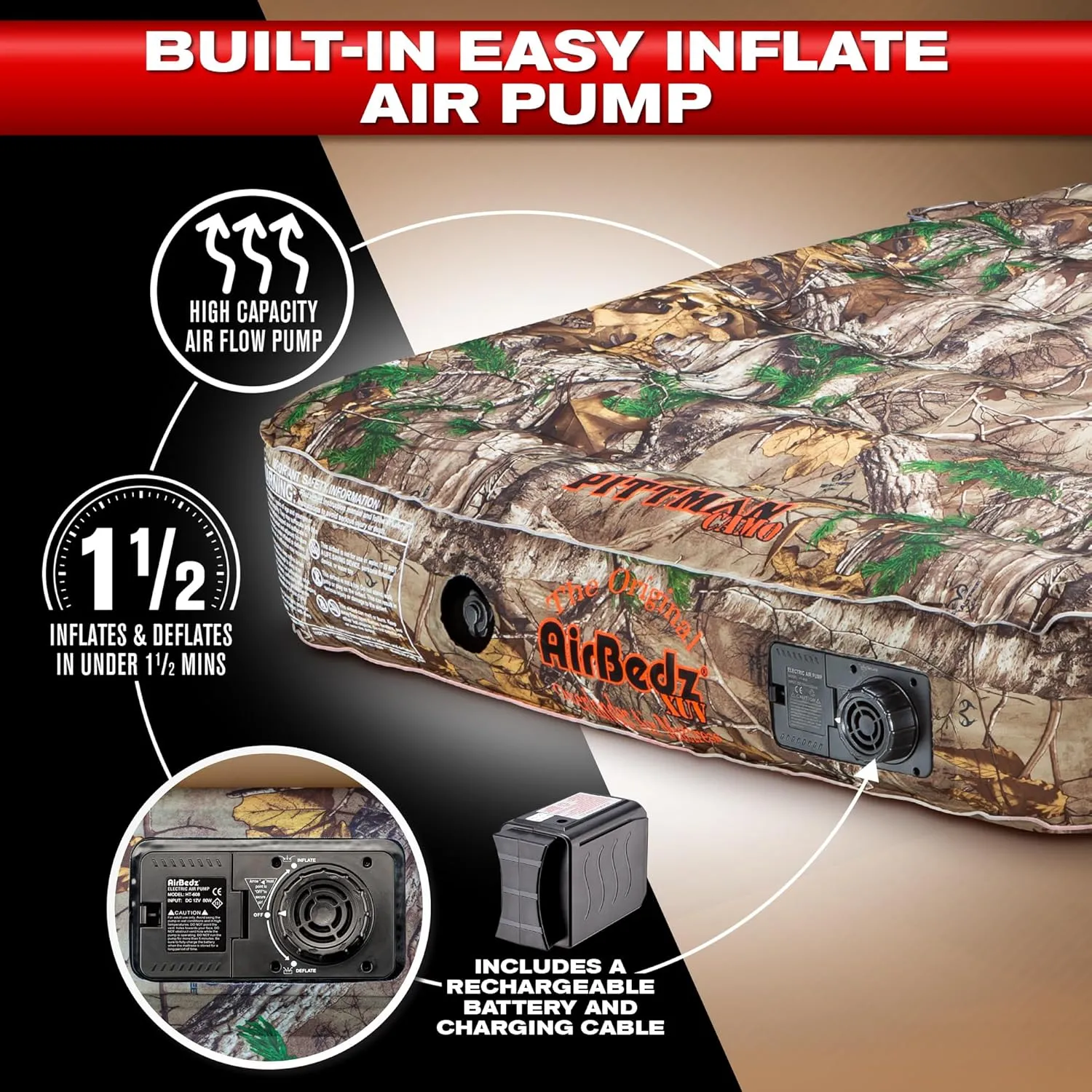 Pittman Outdoors - Airbedz Jeep Mattress - Low Odor Premium Jeep Air Mattress for Jeep Wrangler, Wagons, SUV Air Mattress & 4Runner Air Mattress with Rear Seats Down - 66"x52"x10" CAMO