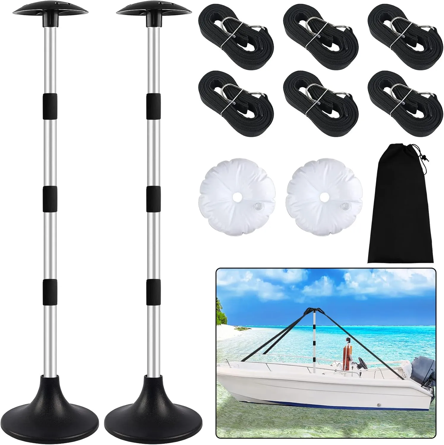 Premium Quality Boat Cover Support Poles 2 Pack, Aluminum Support Pole for Boat Cover with Webbing Strap, Extension Boat Cover Support Poles Adjustable Height at Will from 22.6” to 58” -(Black)