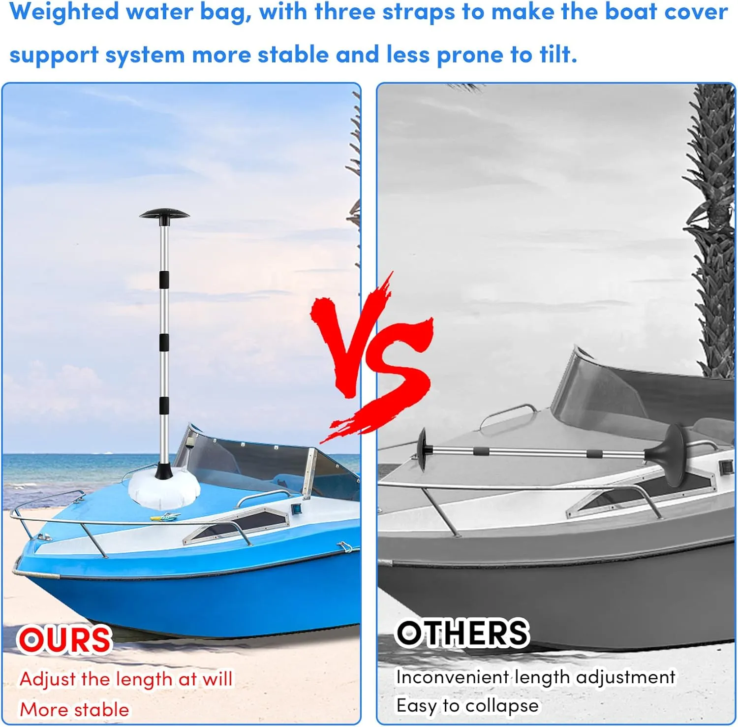 Premium Quality Boat Cover Support Poles 2 Pack, Aluminum Support Pole for Boat Cover with Webbing Strap, Extension Boat Cover Support Poles Adjustable Height at Will from 22.6” to 58” -(Black)
