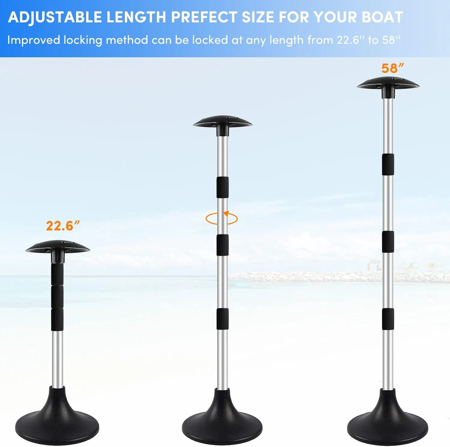 Premium Quality Boat Cover Support Poles 2 Pack, Aluminum Support Pole for Boat Cover with Webbing Strap, Extension Boat Cover Support Poles Adjustable Height at Will from 22.6” to 58” -(Black)