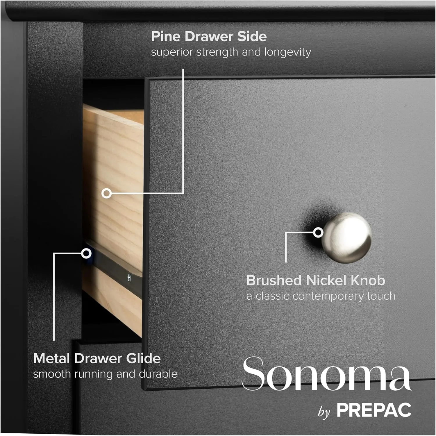 Prepac Sonoma 8 Drawer Double Dresser for Bedroom, Wide Chest of Drawers, Bedroom Furniture, Clothes Storage and Organizer, 17.25" D x 59" W x 37" H, Black, BDC-6338