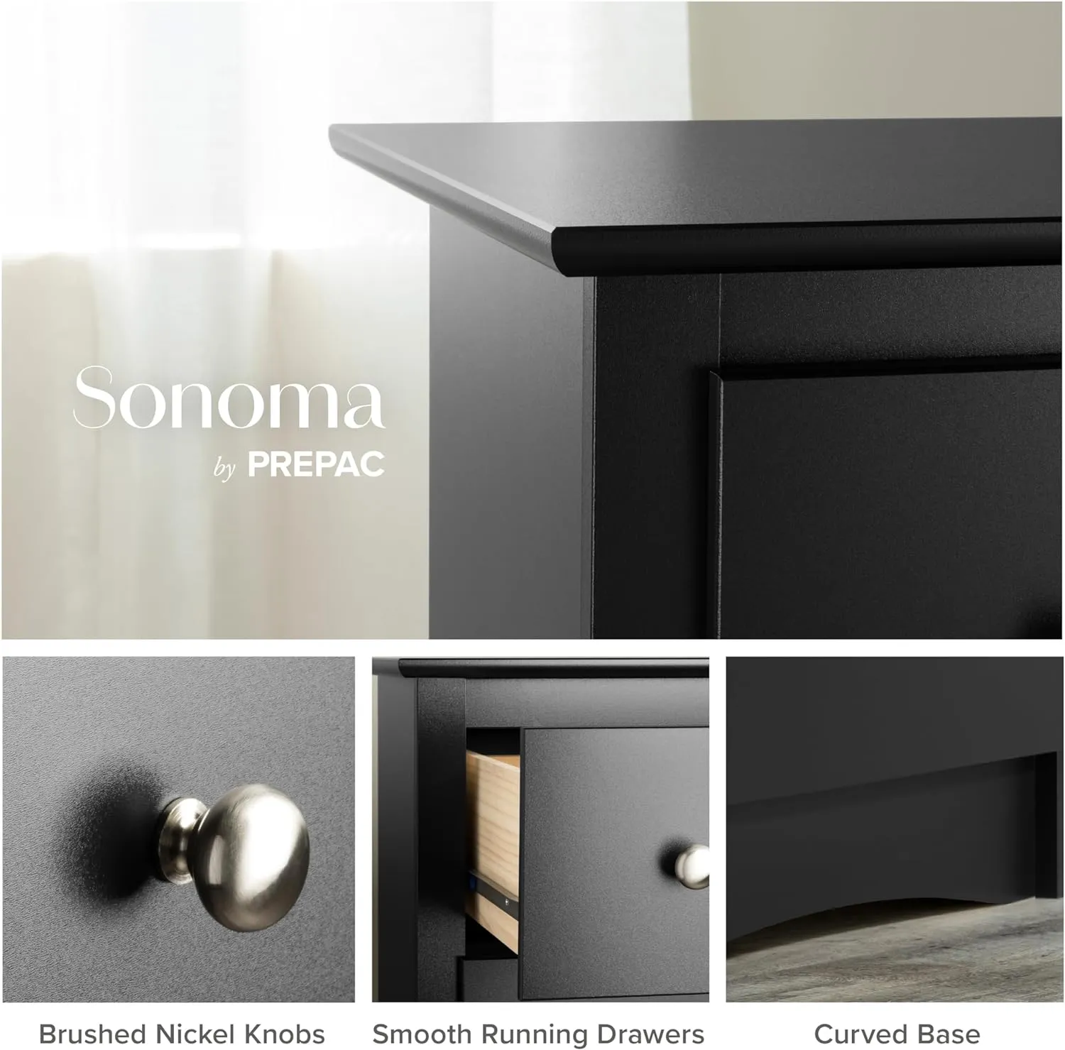Prepac Sonoma 8 Drawer Double Dresser for Bedroom, Wide Chest of Drawers, Bedroom Furniture, Clothes Storage and Organizer, 17.25" D x 59" W x 37" H, Black, BDC-6338