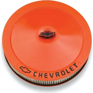 ProForm Air Cleaner Assembly, Classic, 14 in Round, 3 in Element, 5-1/8 in Carb Flange, Flat Base, Black Chevrolet Logo, Steel, Orange Paint, Kit