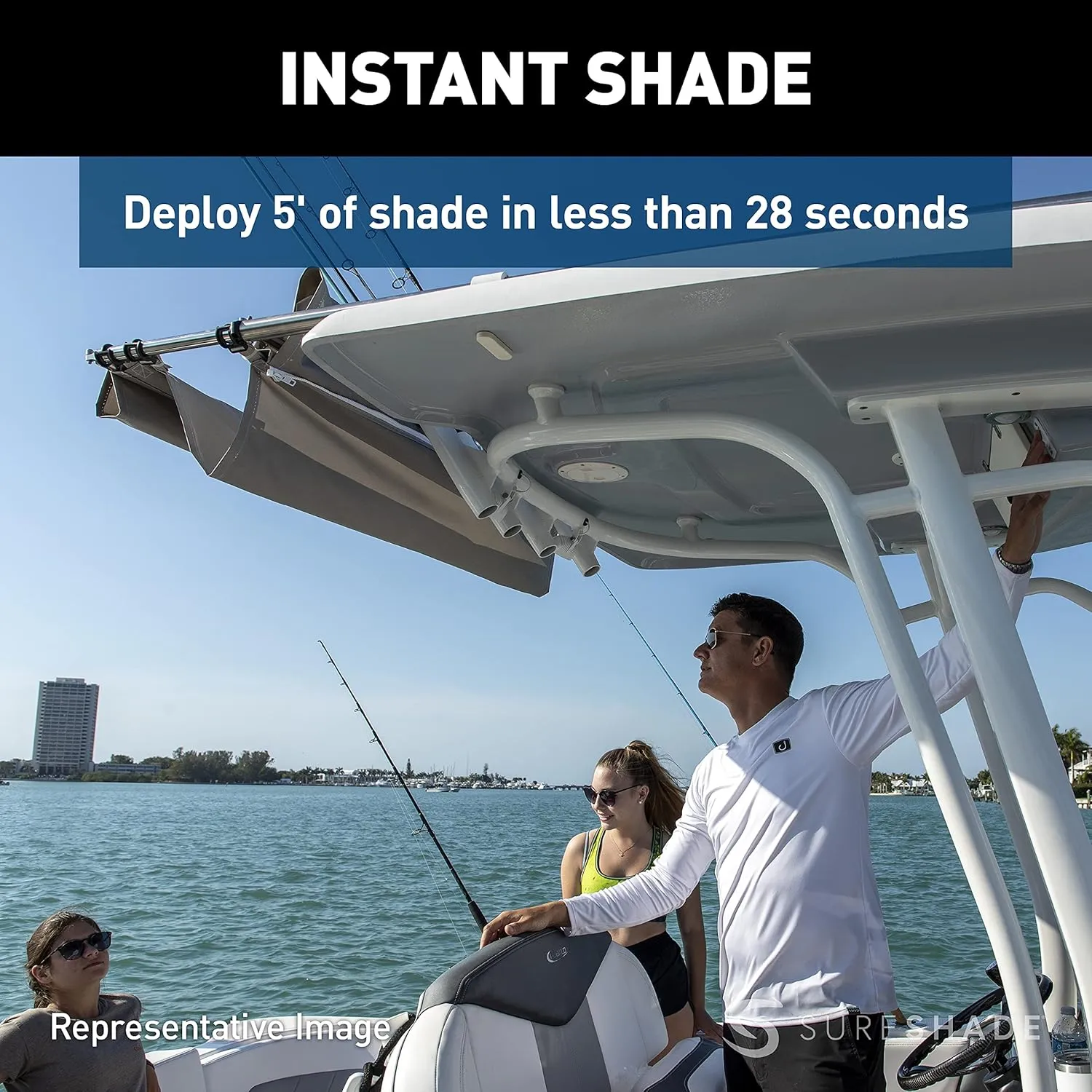 PTX Power Shade - Easy Installation on T-Top or Hardtop Boats - 600D Marine Canvas, Stainless Steel Frame - 12V DC Motors - Anti-Racking and Auto Shut-Off