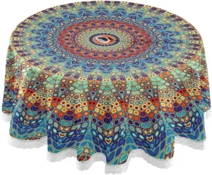 Qilmy Mandala Outdoor Tablecloth 60 Inch Waterproof Round Tablecloth with Umbrella Hole and Zipper for Backyard Party BBQ Decor