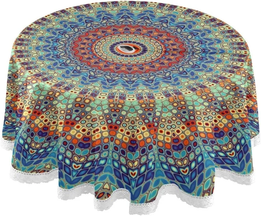 Qilmy Mandala Outdoor Tablecloth 60 Inch Waterproof Round Tablecloth with Umbrella Hole and Zipper for Backyard Party BBQ Decor