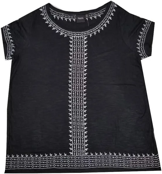 Rafaella Womens Short Sleeve Scoop Neck Embroidered Slub Top (Black, Large)