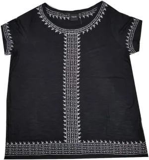 Rafaella Womens Short Sleeve Scoop Neck Embroidered Slub Top (Black, Medium)